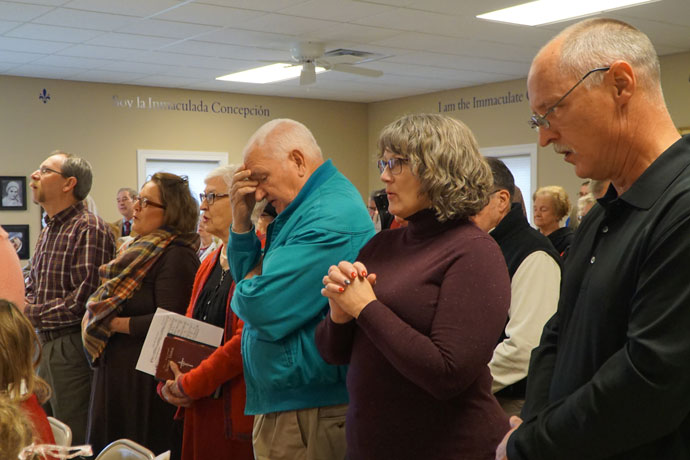 Parishioners of Our Lady of the Caves Church in Horse Cave, Ky., attended a Mass Dec. 11, 2016, in the parish hall. The church building caught fire in the early morning of Dec. 9. The parish, located in Hart County, is beginning the rebuilding process. (Record File Photo by Ruby Thomas)