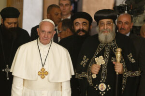 Pope Francis is pictured with Coptic Orthodox Pope Tawadros II in Cairo April 28. The pope was making a two-day visit to Egypt. (CNS photo/Paul Haring)