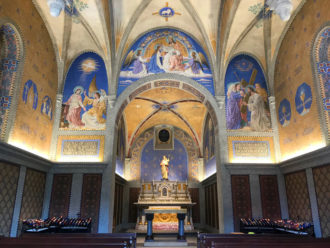 The interior of Monte Cassino Shrine in St. Meinrad, Ind., is seen Oct. 1 after two years of restoration efforts. The shrine, named after the famous Italian monastery founded by St. Benedict, has a history nearly as long as the nearby Benedictine-run St. Meinrad Archabbey, dating back to 1870. (CNS photo by Katie Rutter)