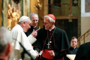 Pope Francis greets Washington Cardinal Donald W. Wuerl of Washington as the pope meets with U.S. bishops in the Cathedral of St. Matthew the Apostle in Washington Sept. 23. (CNS photo/Paul Haring) See POPE-US-BISHOPS Sept. 23, 2015.