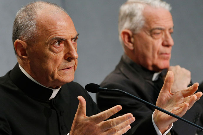 Msgr. Pio Vito Pinto, dean of the Roman Rota, a Vatican court, spoke at a press conference for the release of Pope Francis’ documents concerning changes to marriage annulments at the Vatican Sept. 8. Also pictured is Jesuit Father Federico Lombardi, the Vatican spokesman. CNS Photo