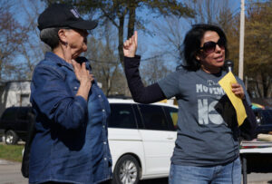 Karina Barillas, right, of La Casita Center, and Yolanda Moore of St. Rita Church, spoke during a gathering to support immigrants in South Louisville on April 3. (Record Photo by Marnie McAllister)