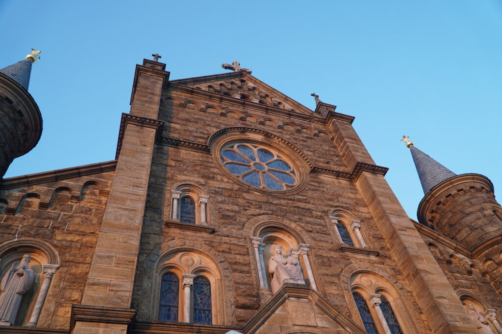 The St. Meinrad Archabbey Church is seen at sunset in July 2025.